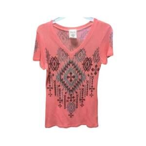NEW VOCAL APPAREL women's short sleeve top with aztec & rhinestones in coral